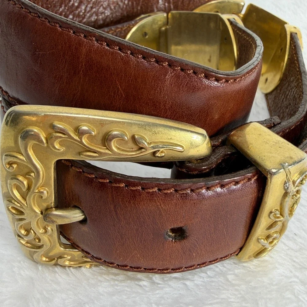 VTG Fossil Womens S Brown Leather Western Concho Belt Gold Tone Filigree Buckle‎